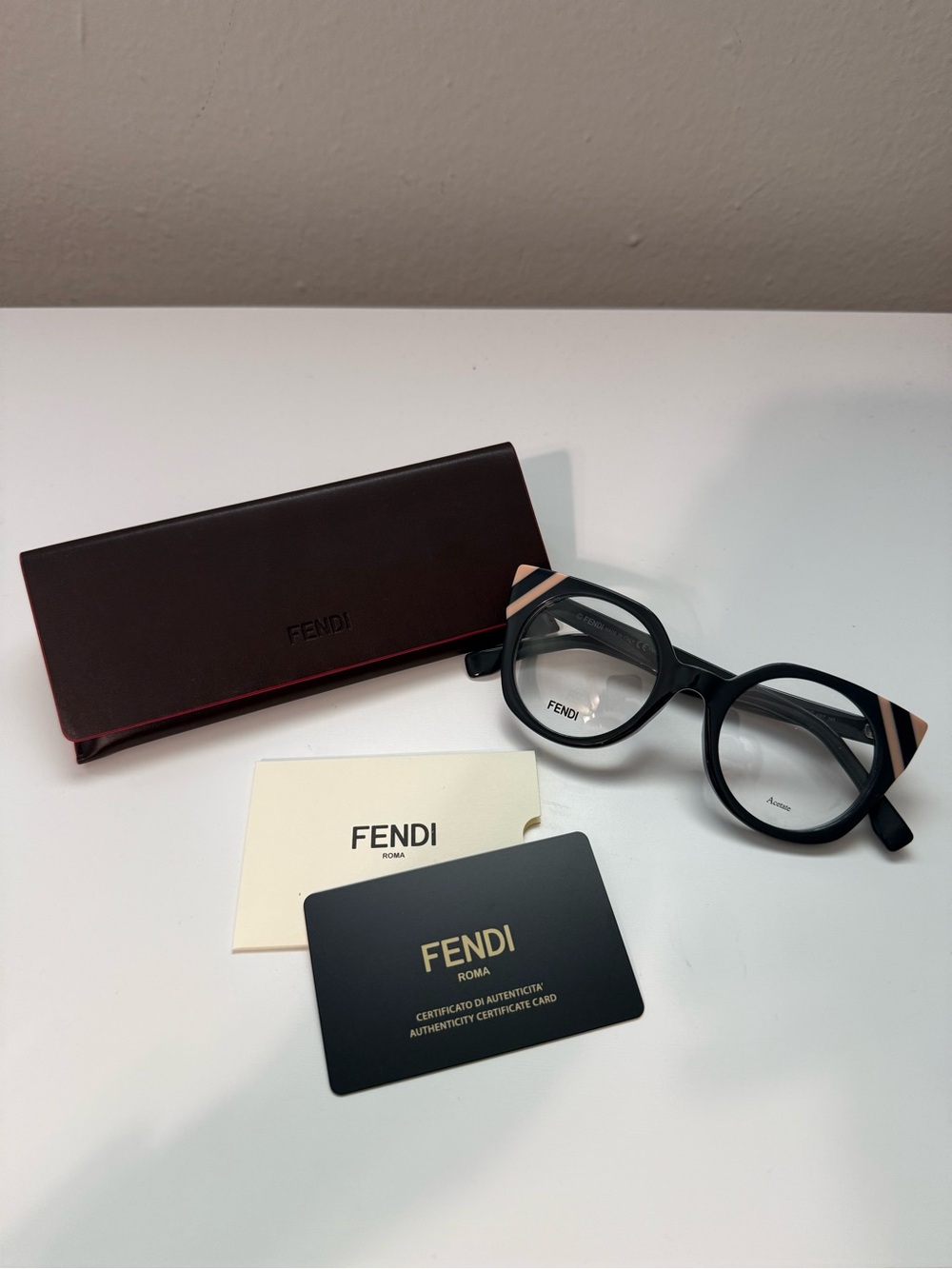 Fendi Navy Blue Round Cat Eye Glasses with Pink Accent